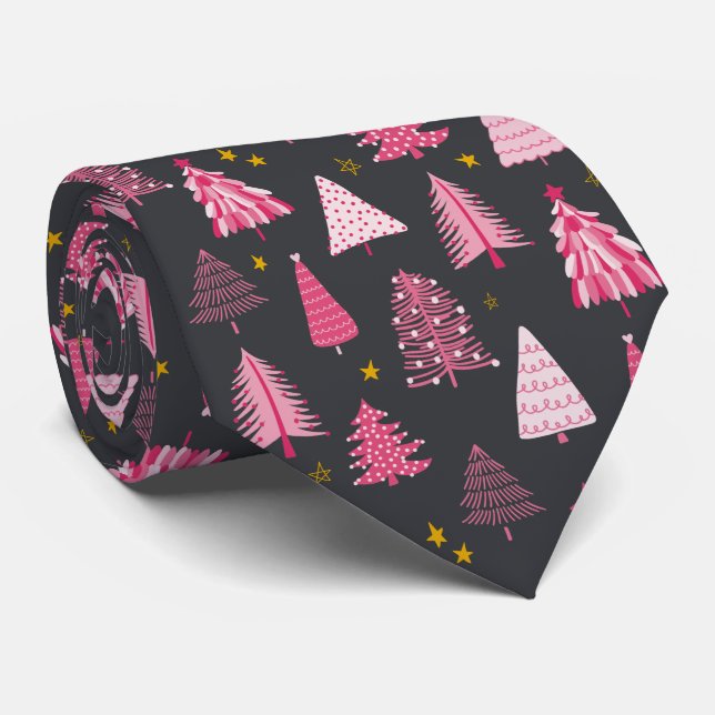 Pink & Grey Christmas Tree Tie (Rolled)