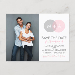 Pink & Grey Circle Monogram Save the Date Postcard