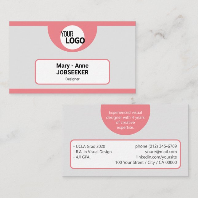 Pink Grey Classic Job Seeker Creative with Logo Business Card (Front/Back)