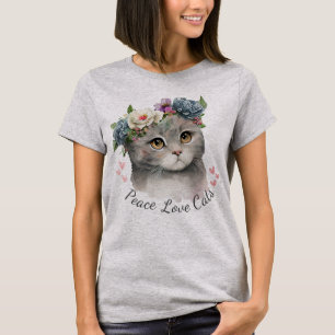 Pink Grey color peace love Cat T-Shirt for women