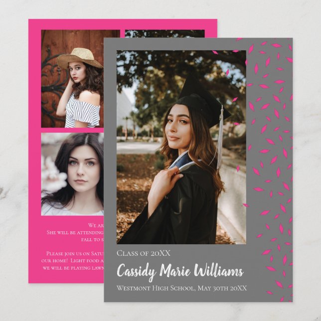 Pink Grey Confetti Graduation Announcement (Front/Back)