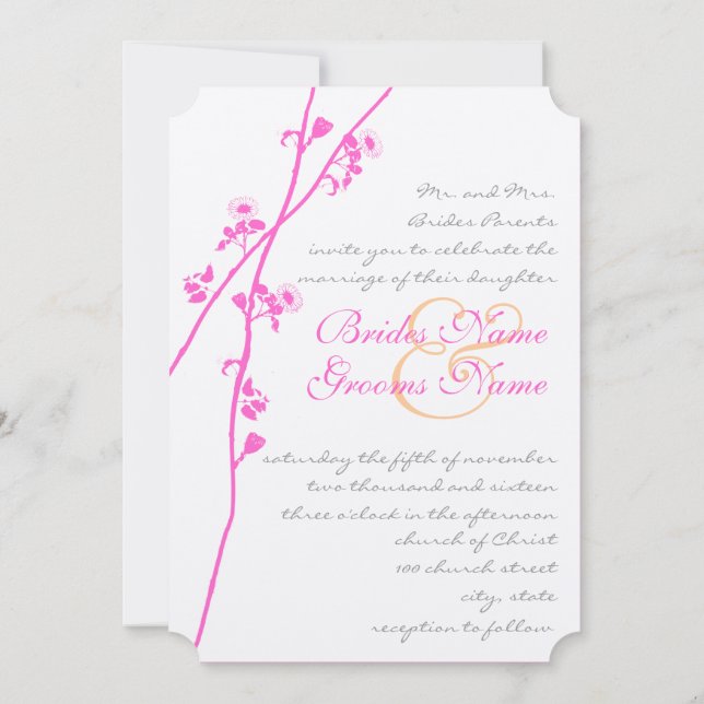 Pink, Grey & Coral Flower Branch Wedding Invites (Back)