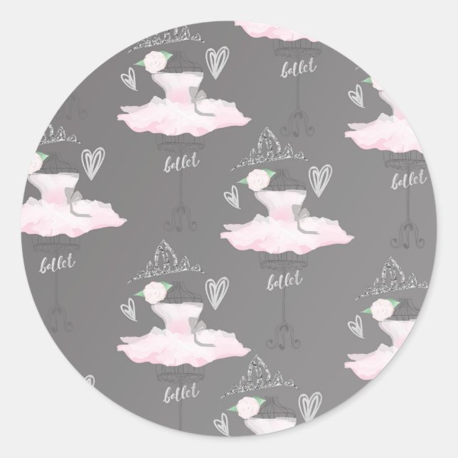 Pink & Grey Couture Ballerina Birthday Party Classic Round Sticker (Front)