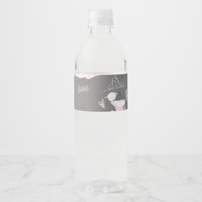 Pink & Grey Couture Ballerina Birthday Party Water Bottle Label (Front)