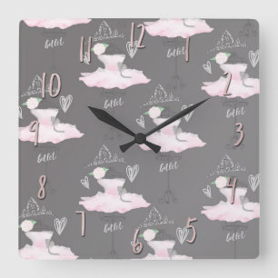 Pink & Grey Couture Ballerina Girls Bedroom Square Wall Clock