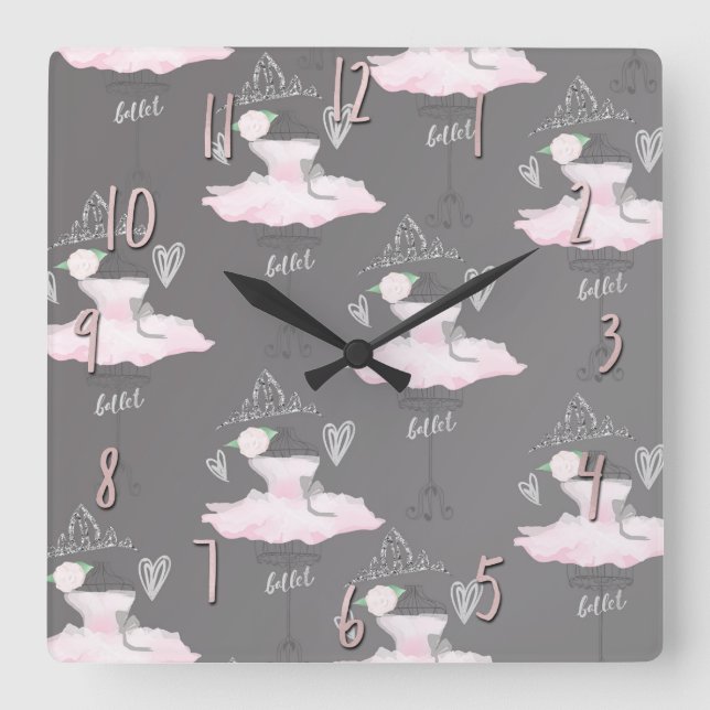 Pink & Grey Couture Ballerina Girls Bedroom Square Wall Clock (Front)