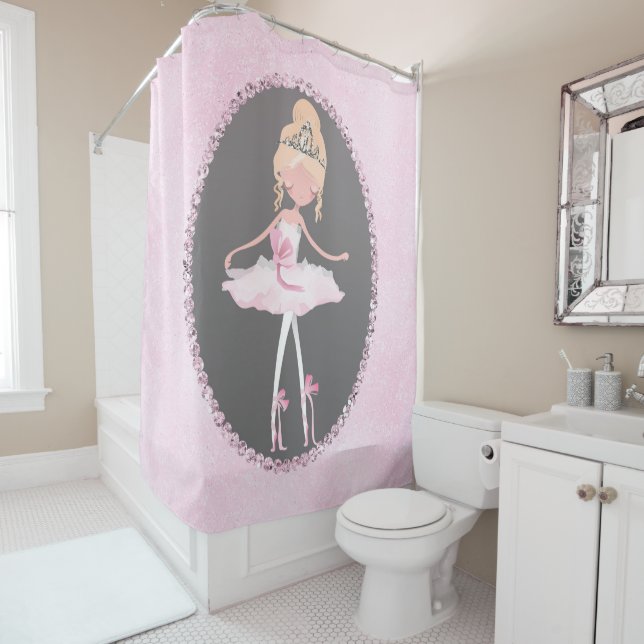 Pink & Grey Couture Ballerina Girls Whimsical Chic Shower Curtain (In Situ)