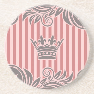 Pink Grey Crown and Striped Pattern Coaster