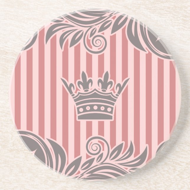 Pink Grey Crown and Striped Pattern Coaster (Front)