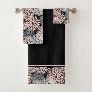 Pink Grey Dahlia Floral Pattern Bath Towel Set