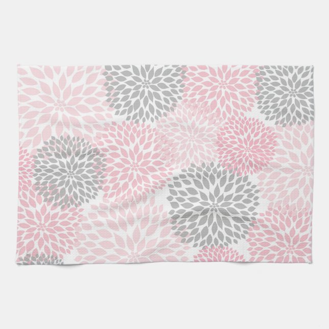 Pink Grey Dahlia Kitchen Tea Towel (Horizontal)