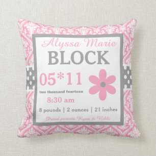 Pink Grey Damask Baby Announcement Pillow