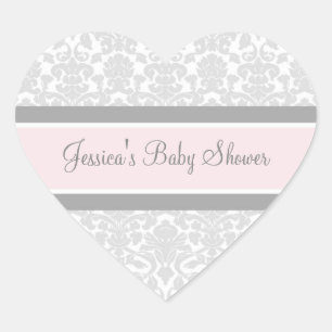 Pink Grey Damask Baby Shower Favour Stickers