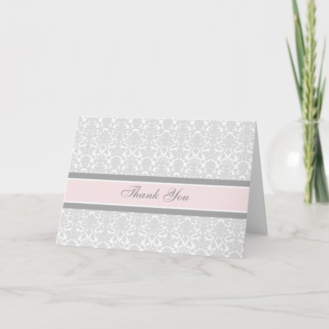 Pink Grey Damask Baby Shower Thank You Card (Front)