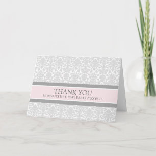 Pink Grey Damask Birthday Party Thank You Card