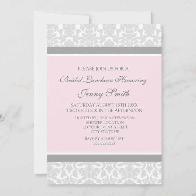 Pink Grey Damask Bridal Lunch Invitation Cards (Back)