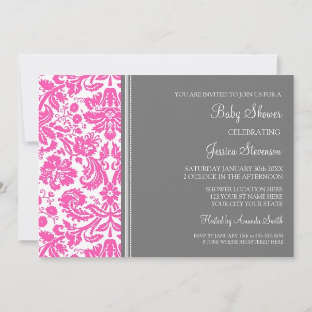 Pink Grey Damask Custom Baby Shower Invitations (Back)
