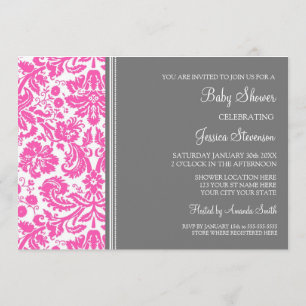 Pink Grey Damask Custom Baby Shower Invitations