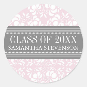 Pink Grey Damask Graduation Custom Year Name Classic Round Sticker