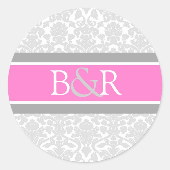 Pink Grey Damask Monogram Envelope Seal (Front)
