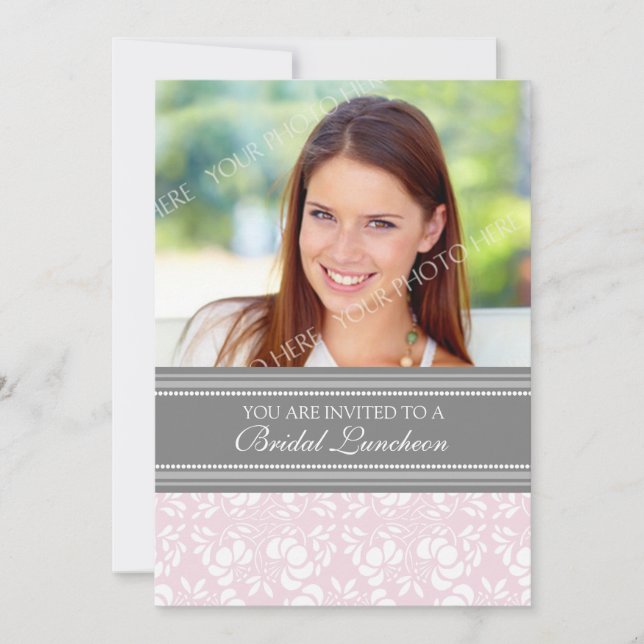 Pink Grey Damask Photo Bridal Luncheon Invitation (Front)