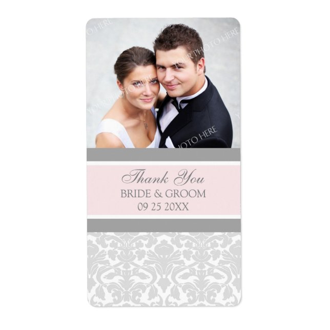 Pink Grey Damask Photo Wedding Labels (Front)