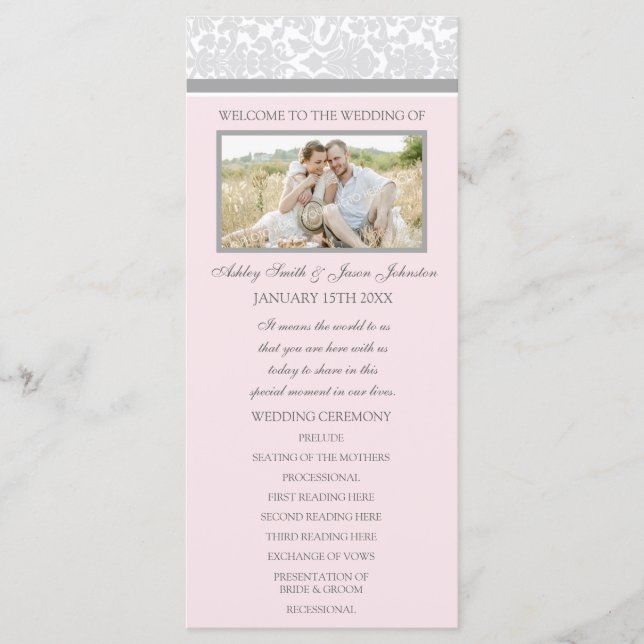 Pink Grey Damask Photo Wedding Program Programme (Front)