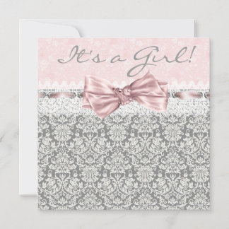 Pink Grey Damask Pink Grey Baby Girl Shower Invitation