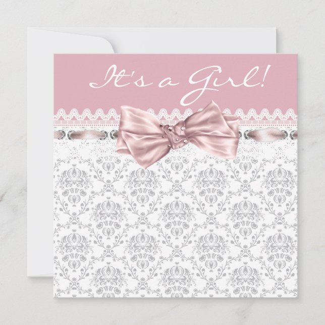 Pink Grey Damask Pink Grey Baby Girl Shower Invitation (Front)