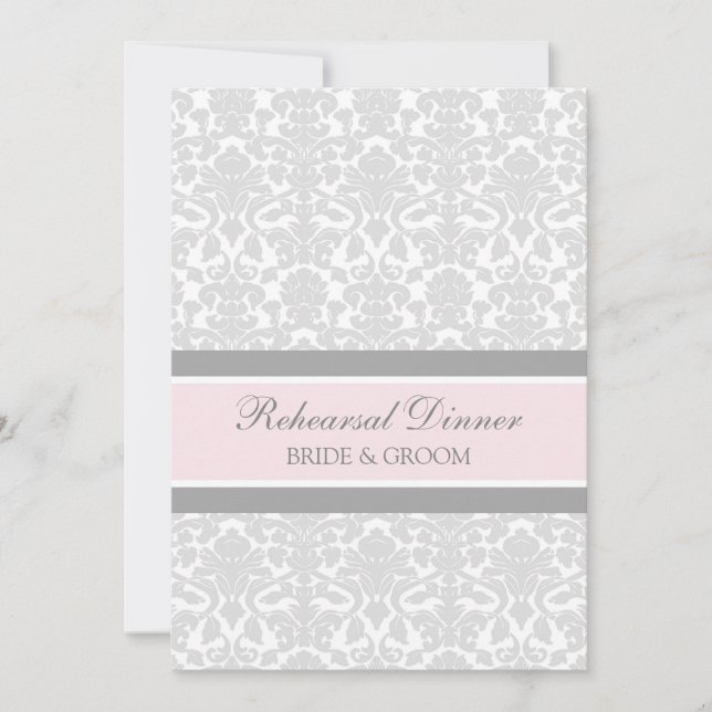 Pink Grey Damask Rehearsal Dinner Party Invitation (Front)