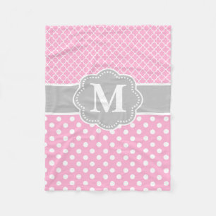 Pink Grey Dots Quatrefoil Monogram Fleece Blanket