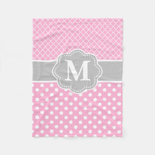 Pink Grey Dots Quatrefoil Monogram Fleece Blanket (Front)