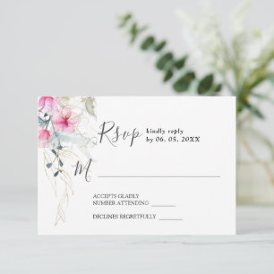 Pink Grey Elegant Floral Watercolor Wedding RSVP Card