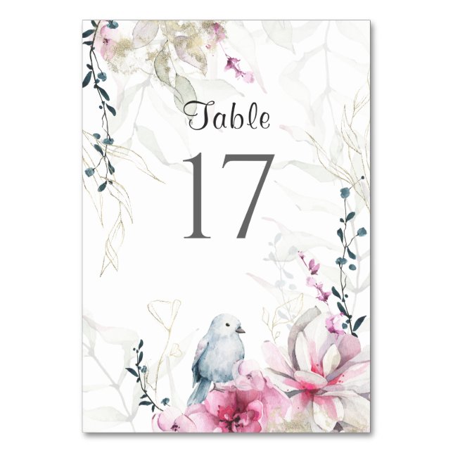 Pink Grey Elegant Floral with White Dove Wedding Table Number (Front)