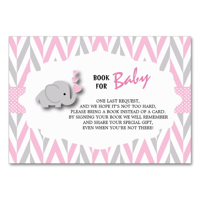 Pink & Grey Elephant Baby Shower | Bring a Book Table Number (Front)