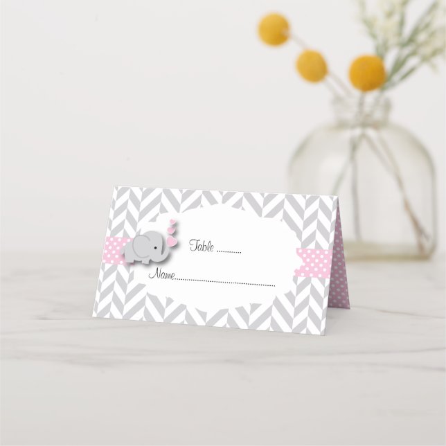 Pink & Grey Elephant Baby Shower | Doubled-Sided Place Card (Front)