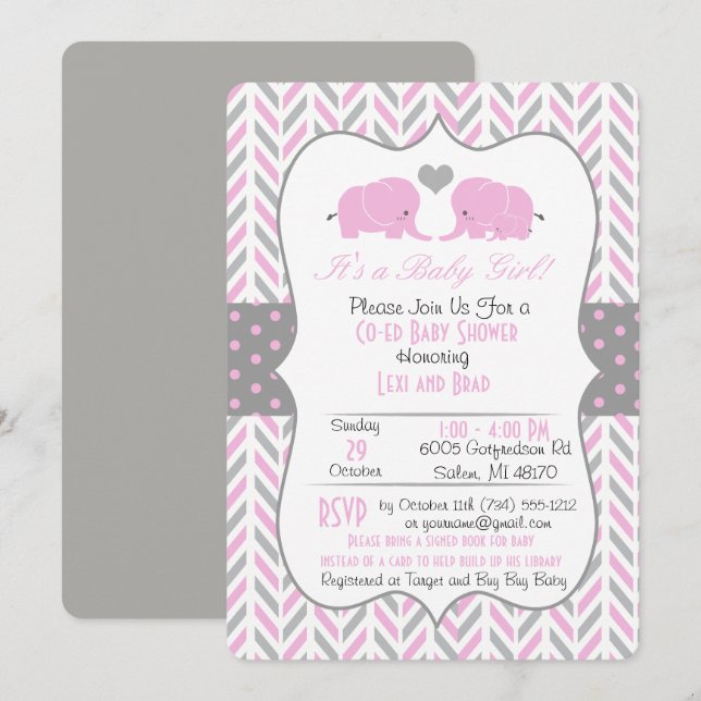 Pink Grey Elephant Baby Shower Invitation (Front/Back)