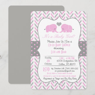 Pink Grey Elephant Baby Shower Invitation