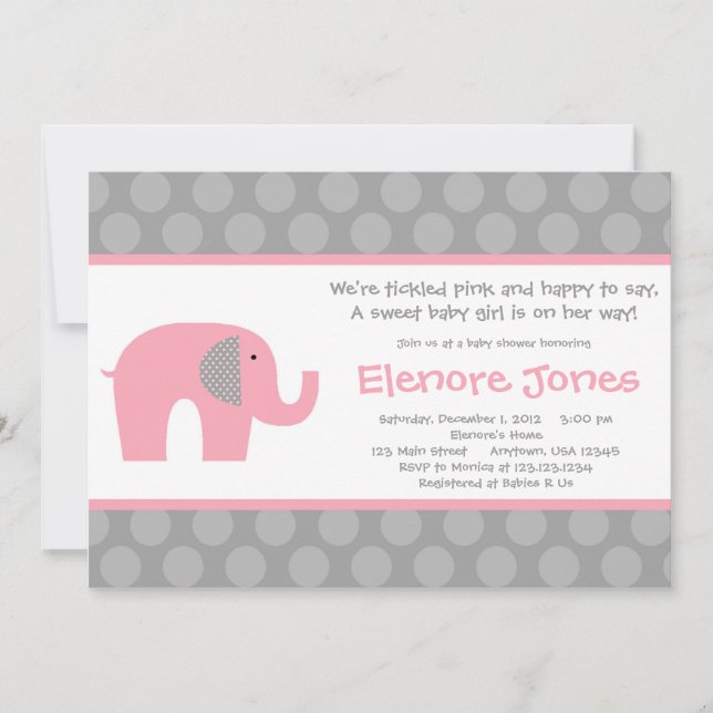 Pink Grey Elephant Baby Shower Invitation (Front)