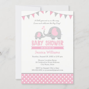 Pink Grey Elephant Baby Shower Invitation for Girl