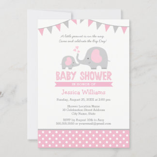 Pink Grey Elephant Baby Shower Invitation for Girl