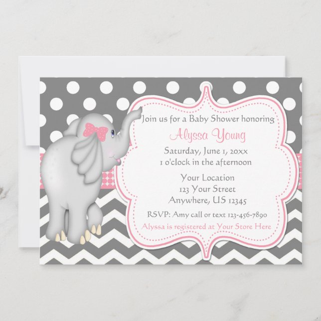 Pink Grey Elephant Baby Shower Invite (Front)