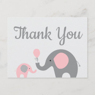 Pink Grey Elephant Baby Shower Thank You Postcard