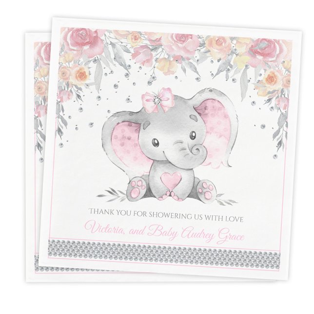 Pink Grey Elephant Diamond Floral Baby Shower Napkin (Personalize with optional text.)