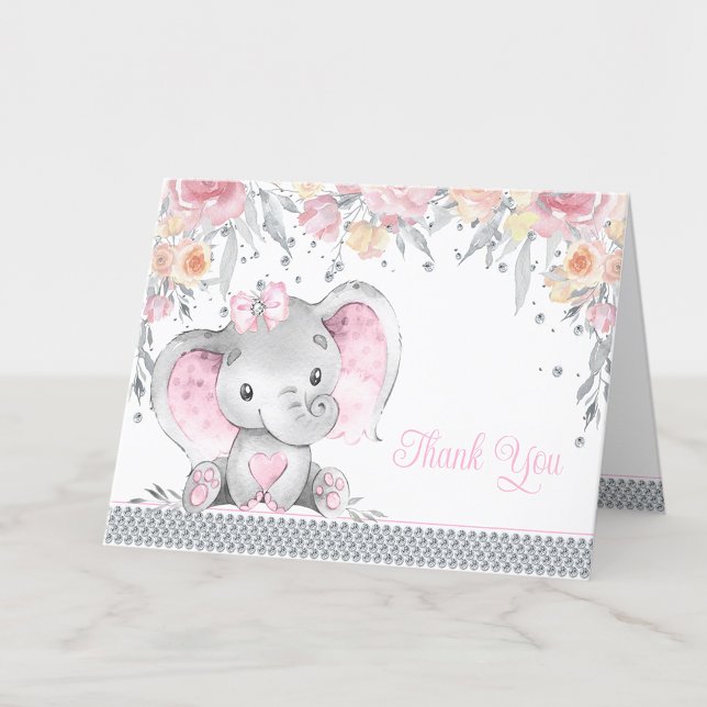Pink Grey Elephant Diamond Floral Baby Shower Thank You Card (Add your message to the inside or leave blank for your handwritten message when they arrive.)