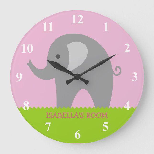 Pink grey elephant nursery wall clock for girls (Front)