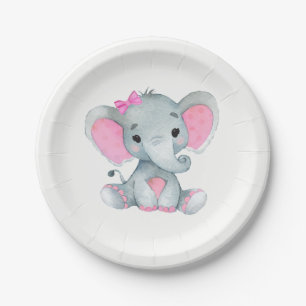 Pink Grey Elephant Plate 4 Baby Shower, Birthday