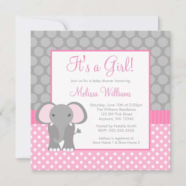 Pink Grey Elephant Polka Dot Girl Baby Shower Invitation (Front)
