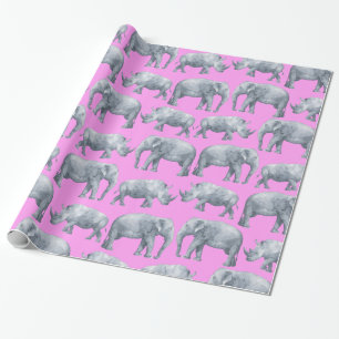 Pink Grey Elephants and Rhinos Watercolor Pattern Wrapping Paper