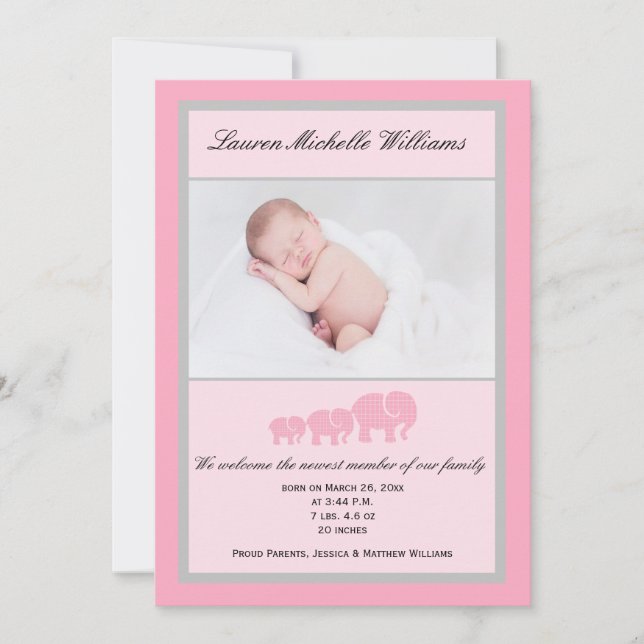 Pink Grey Elephants Baby Girl Photo Birth Announcement (Front)
